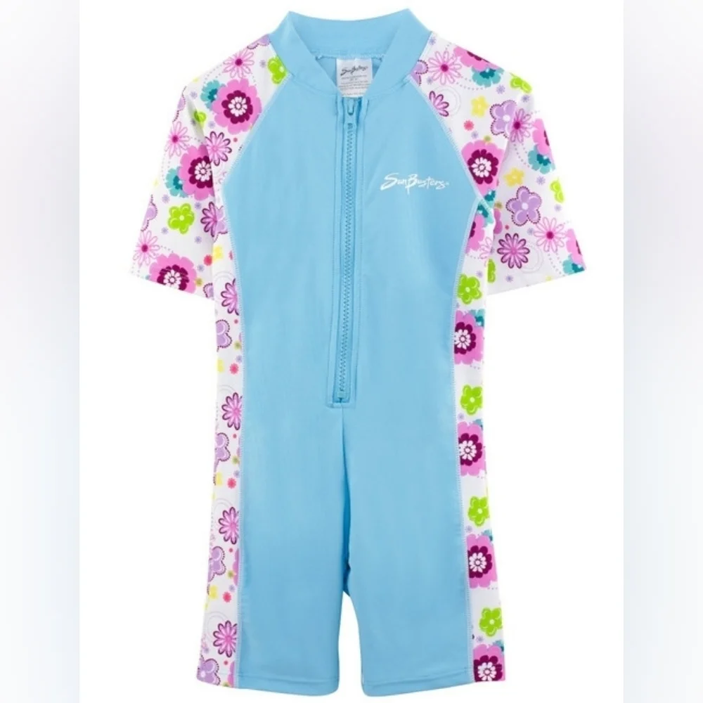 SunBusters Girls UV UPF50+ Sun Suit Swim Suit Blue Floral Size 2/3